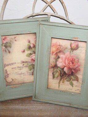 Shabby Chic French Country Pink Floral Picture Set in Distressed Green Frames